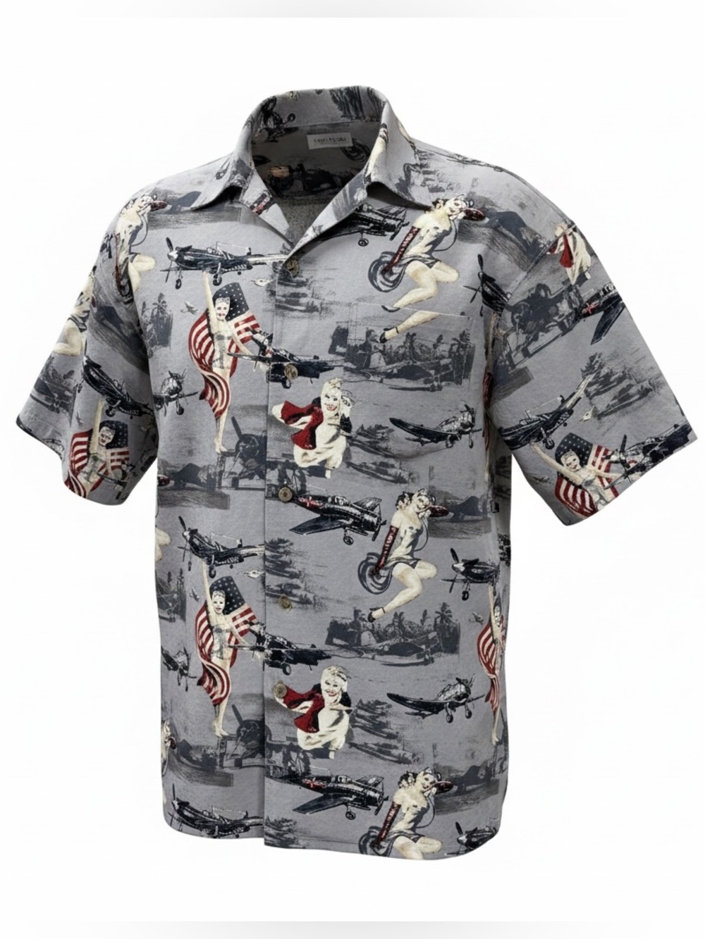 Men’s Size Med North River Patriotic Pin-Ups, Flags & Airplanes Collared Shirt